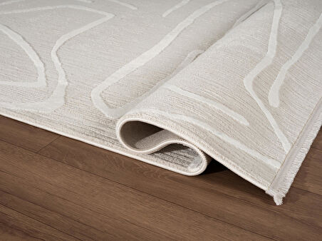 Sümer SM014A Krem Renkli Halı Çizgi Desenli Dekoratif Modern Antialerjik Salon Mutfak Halısı