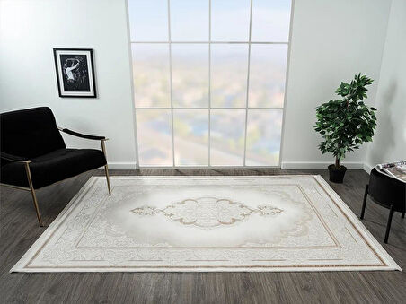 Elegance Eg001a Beyaz Halı Gold Sedef Detaylı Göbekli Modern Viskon Doğal Iplik Bambu Halı Tozu Az
