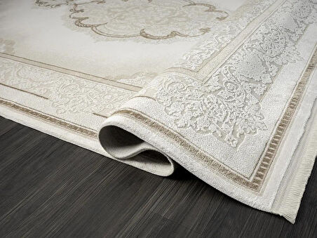 Elegance Eg001a Beyaz Halı Gold Sedef Detaylı Göbekli Modern Viskon Doğal Iplik Bambu Halı Tozu Az