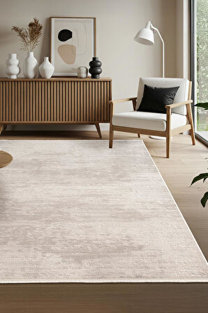 Leon LN001G Krem Halı Modern Desen Pamuk Taban Akrilik Tozuaz Salon Yatak Odası Koridor Halısı