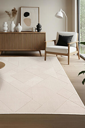 Leon LN002W Beyaz Halı Modern Desen Pamuk Taban Akrilik Tozuaz Salon Yatak Odası Koridor Halısı