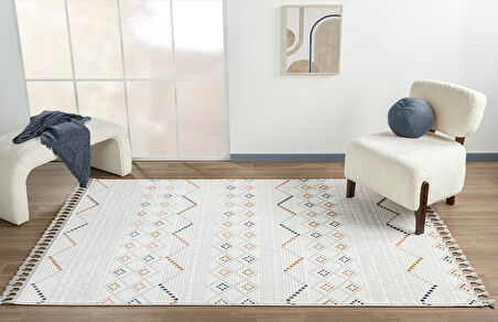 Sümer Sm012a Krem Rengi Halı Renkli Kilim Desenli Dekoratif Modern Antialerjik Salon Halısı