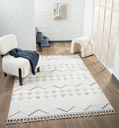 Sümer Sm012a Krem Rengi Halı Renkli Kilim Desenli Dekoratif Modern Antialerjik Salon Halısı