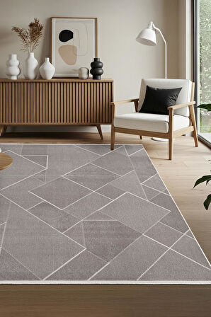 Leon LN002Z Gri Halı Modern Desen Pamuk Taban Akrilik Tozuaz Salon Yatak Odası Koridor Halısı
