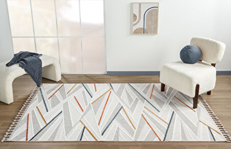 Sümer Sm013a Krem Renli Halı Renkli Geometrik Desenli Dekoratif Modern Antialerjik Salon Halısı