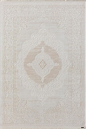 Truva 8342 Krem Halı Bej Detaylı Kalın Akrilik Tozuaz Modern Klasik Salon Halısı Koridor