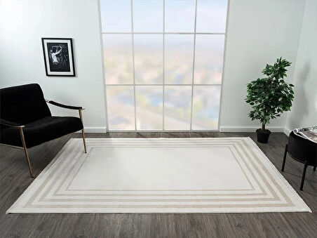 Elegance Eg003a Krem Halı Bej Kenar Çerçeveli Modern Viskon Doğal Iplik Bambu Halı Tozu Az Salon