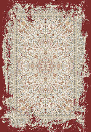 Diamente DM005J Krem Kırmızı Çerçeveli Halı Modern Klasik Desen 100 Tarak Bambu Viskon İpek Serisi