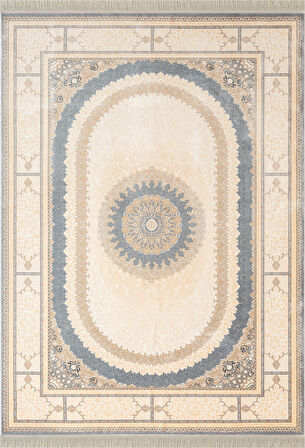 Imperial Luxe IL002M Krem Gri Çerçeveli Göbekli Halı Klasik Desen 100 Tarak Bambu Viskon İpek Serisi