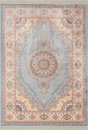 Imperial Luxe IL004G Gri Krem Çerçeveli Göbekli Halı Klasik Desen 100 Tarak Bambu Viskon İpek Serisi