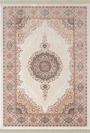 Imperial Luxe IL004R Krem Çerçeveli Göbekli Halı Klasik Desen 100 Tarak Bambu Viskon İpek Serisi