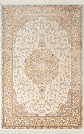 Imperial Luxe IL005S Krem Çerçeveli Göbekli Halı Klasik Desen 100 Tarak Bambu Viskon İpek Serisi