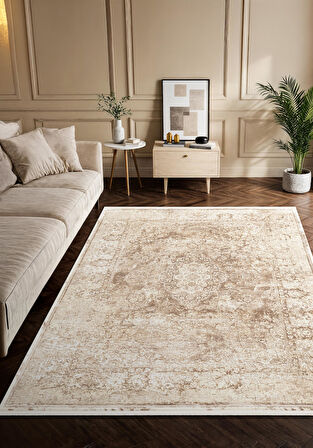 Vogue VG002K Kahve Klasik Göbekli Desen Modern Renk 100 Tarak Viskon Salon Halısı İpek Serisi