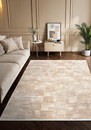 Vogue VG003A Bej Gri Modern Renk Desen 100 Tarak Viskon Salon Halısı İpek Serisi