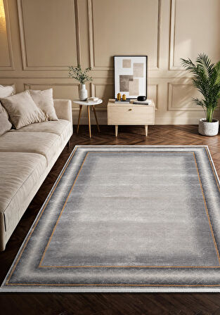 Vogue VG006G Gri Çerçeveli Modern Renk Desen 100 Tarak Viskon Salon Halısı İpek Serisi