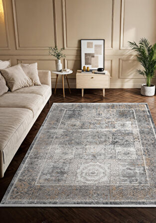 Vogue VG007Z Koyu Gri Çerçeveli Klasik Desen Modern Renk 100 Tarak Viskon Salon Halısı İpek Serisi