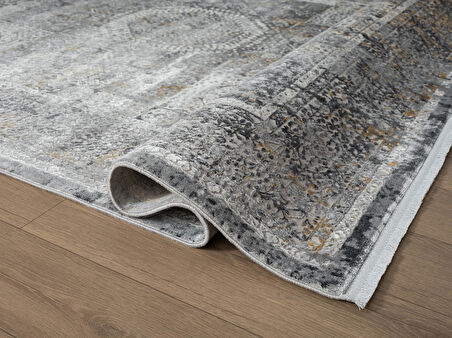 Vogue VG007Z Koyu Gri Çerçeveli Klasik Desen Modern Renk 100 Tarak Viskon Salon Halısı İpek Serisi