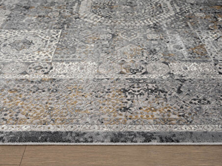 Vogue VG007Z Koyu Gri Çerçeveli Klasik Desen Modern Renk 100 Tarak Viskon Salon Halısı İpek Serisi