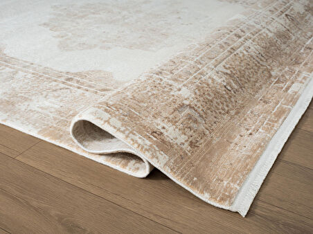 Vogue VG008K Kahve Çerçeveli Göbekli Klasik Desen Modern Renk 100 Tarak Salon Halısı İpek Serisi