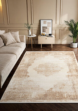 Vogue VG008K Kahve Çerçeveli Göbekli Klasik Desen Modern Renk 100 Tarak Salon Halısı İpek Serisi