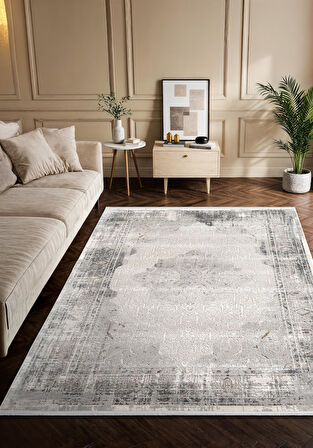 Vogue VG008Z Koyu Gri Çerçeveli Göbekli Klasik Desen Modern Renk 100 Tarak Salon Halısı İpek Serisi