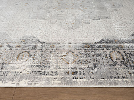 Vogue VG008Z Koyu Gri Çerçeveli Göbekli Klasik Desen Modern Renk 100 Tarak Salon Halısı İpek Serisi