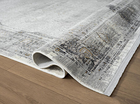 Vogue VG008Z Koyu Gri Çerçeveli Göbekli Klasik Desen Modern Renk 100 Tarak Salon Halısı İpek Serisi