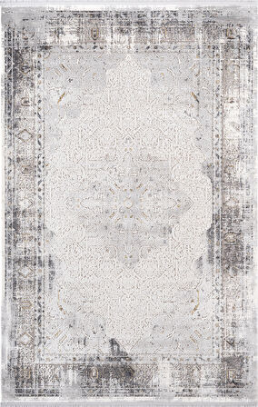 Vogue VG008Z Koyu Gri Çerçeveli Göbekli Klasik Desen Modern Renk 100 Tarak Salon Halısı İpek Serisi