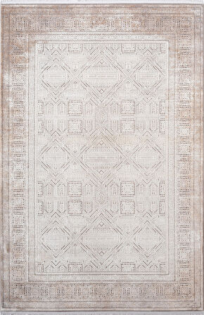 Vogue VG009A Bej Gri Çerçeveli Geometrik Desen Modern Renk 100 Tarak Salon Halısı İpek Serisi