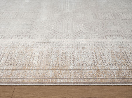 Vogue VG009A Bej Gri Çerçeveli Geometrik Desen Modern Renk 100 Tarak Salon Halısı İpek Serisi