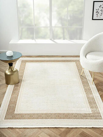 Elegance Eg009a Bej Halı Gold Çerçeveli Modern Viskon Doğal Iplik Bambu Halı Tozu Az Salon Halısı
