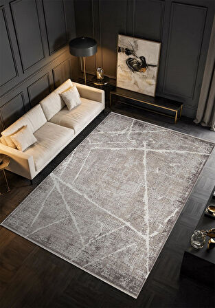 Art AT001A Gri Halı Modern Desen Triko Akrilik Viskon Boyama Yüksek Sıklık Ipek Serisi