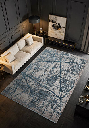 Art AT001M Mavi Halı Modern Desen Triko Akrilik  Viskon Boyama Yüksek Sıklık Ipek Serisi