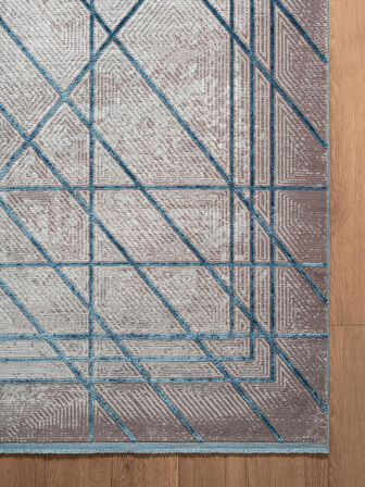 Art AT002M Mavi Geometrik Desen Modern Halı Triko Akrilik Viskon Boyama Yüksek Sıklık Ipek Serisi