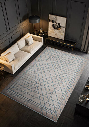 Art AT002M Mavi Geometrik Desen Modern Halı Triko Akrilik Viskon Boyama Yüksek Sıklık Ipek Serisi