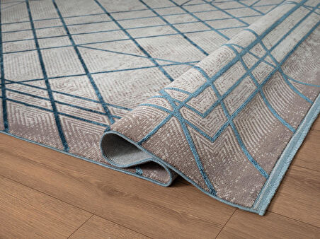 Art AT002M Mavi Geometrik Desen Modern Halı Triko Akrilik Viskon Boyama Yüksek Sıklık Ipek Serisi