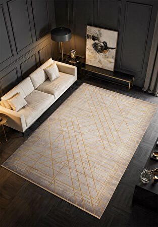 Art AT002S Sarı Geometrik Desen Modern Halı Triko Akrilik Viskon Boyama Yüksek Sıklık Ipek Serisi