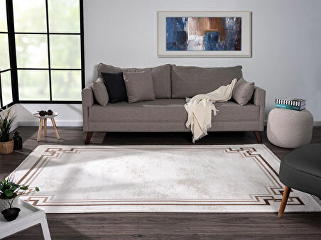 Dark Dk007a Beyaz Halı Bej Detaylı Kahverengi Kenar Çerçeveli Akrilik Tozuaz Modern Salon Halısı