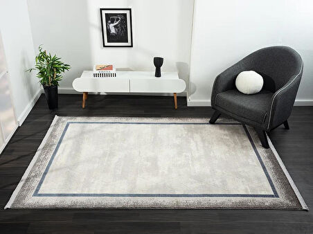 Dark Dk012m Gri Halı Lacivert Kenar Çerçeveli Geometrik Detaylı Akrilik Tozuaz Modern Salon Halısı