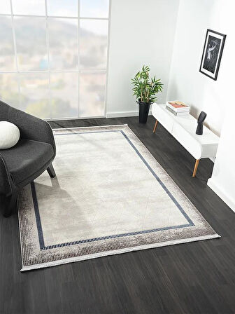Dark Dk012m Gri Halı Lacivert Kenar Çerçeveli Geometrik Detaylı Akrilik Tozuaz Modern Salon Halısı