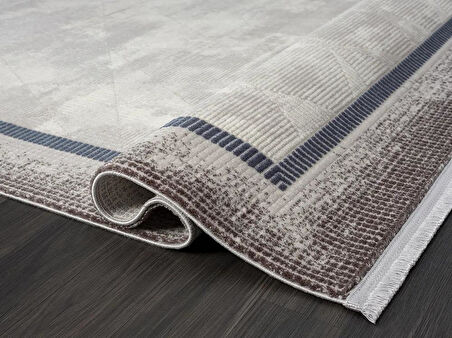 Dark Dk012m Gri Halı Lacivert Kenar Çerçeveli Geometrik Detaylı Akrilik Tozuaz Modern Salon Halısı