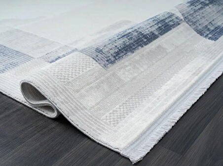 Dark Dk014m Gri Halı Mavi Geometrik Detaylı Akrilik Tozuaz Salon Halısı Yatak Odası Halısı Koridor