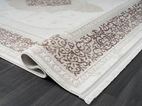 Dark Dk015a Bej Halı Kahverengi Kenar Çerçeveli Göbekli Akrilik Tozuaz Modern Salon Halısı Koridor