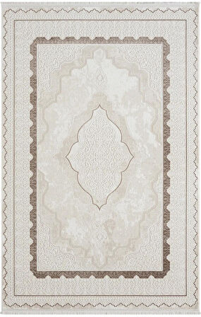 Dark Dk016a Bej Halı Kahverengi Kenar Çerçeveli Göbekli Akrilik Tozuaz Modern Salon Halısı Koridor