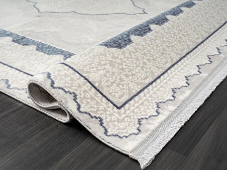 Dark Dk016m Gri Halı Mavi Kenar Çerçeveli Göbekli Akrilik Tozuaz Modern Salon Halısı Koridor Halısı