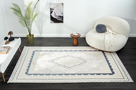 Dark Dk016m Gri Halı Mavi Kenar Çerçeveli Göbekli Akrilik Tozuaz Modern Salon Halısı Koridor Halısı