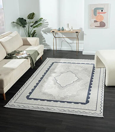 Dark Dk016m Gri Halı Mavi Kenar Çerçeveli Göbekli Akrilik Tozuaz Modern Salon Halısı Koridor Halısı