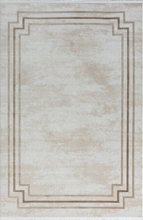 Merit Mr004a Krem Halı Kahverengi Kenar Çerçeveli Ince Yumuşak Akrilik Tozuaz Modern Salon Halısı