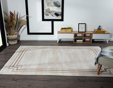 Merit Mr004a Krem Halı Kahverengi Kenar Çerçeveli Ince Yumuşak Akrilik Tozuaz Modern Salon Halısı