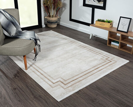 Merit Mr004a Krem Halı Kahverengi Kenar Çerçeveli Ince Yumuşak Akrilik Tozuaz Modern Salon Halısı